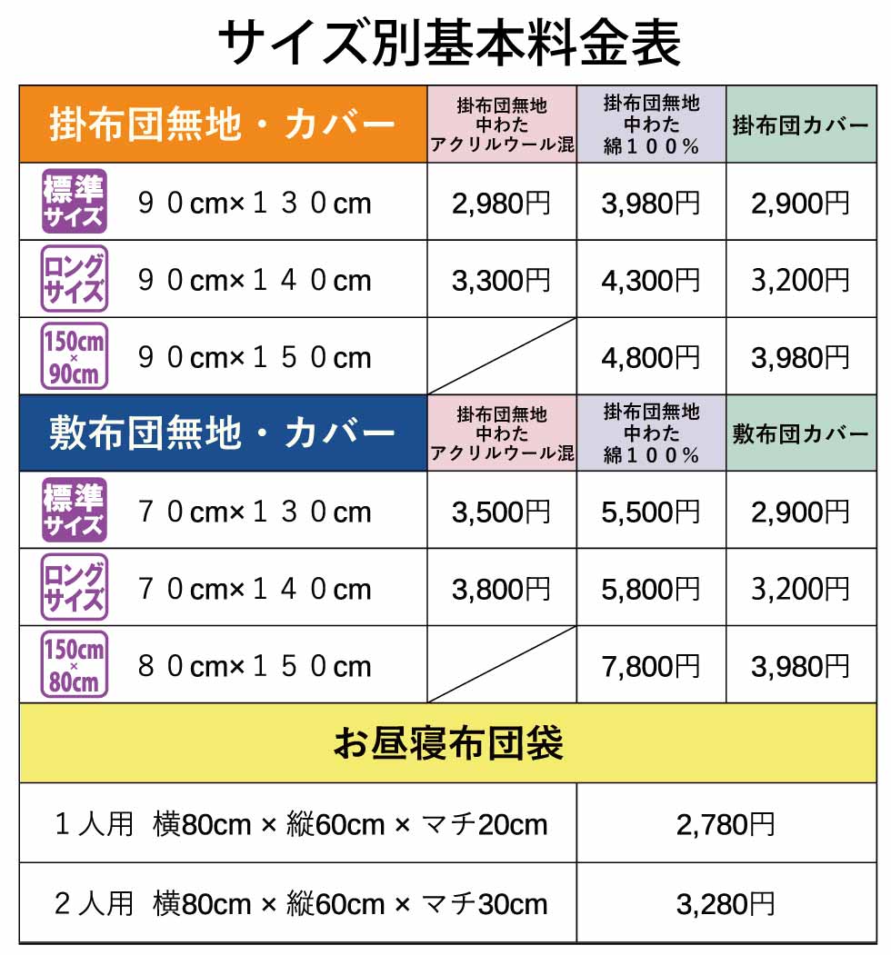 カヤマ特性保育園お昼寝布団価格表　基本料金